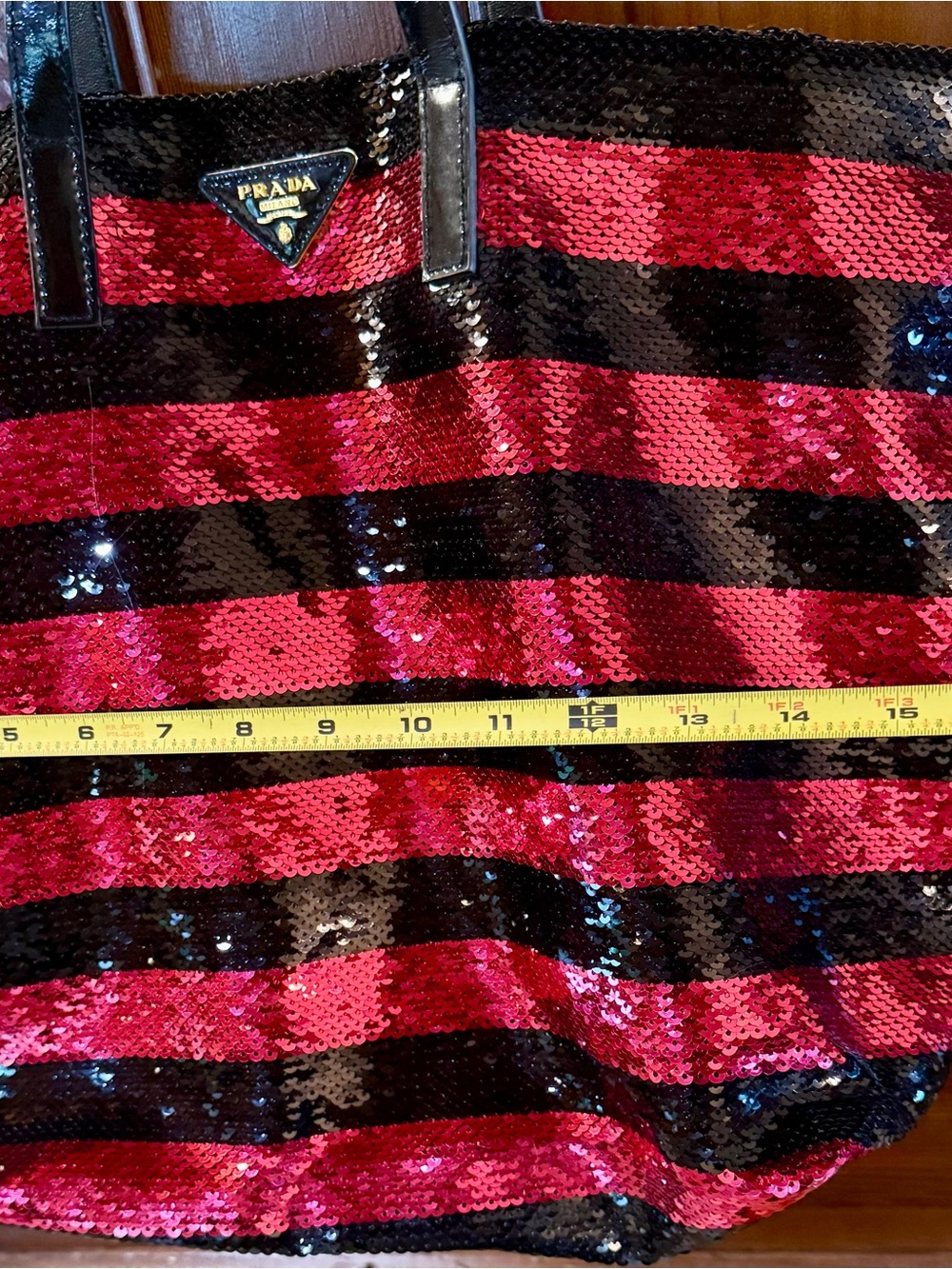 PRADA Sequin Tote Bag Nylon Black & Hot Pink with zip pocket inside - Picture 9 of 9